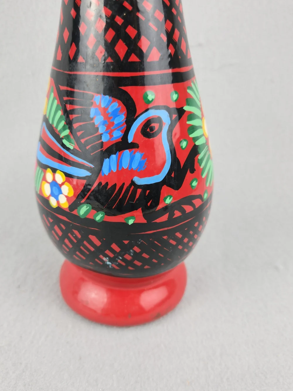 Vintage Mexican Clay Vase Hand Painted Bird Floral Folk Art Decor 13